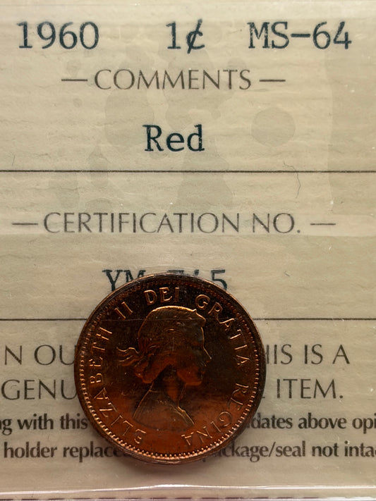 1960 Canada 1 Cent Penny | ICCS MS-64 Red | Brilliant Uncirculated Bronze Cent