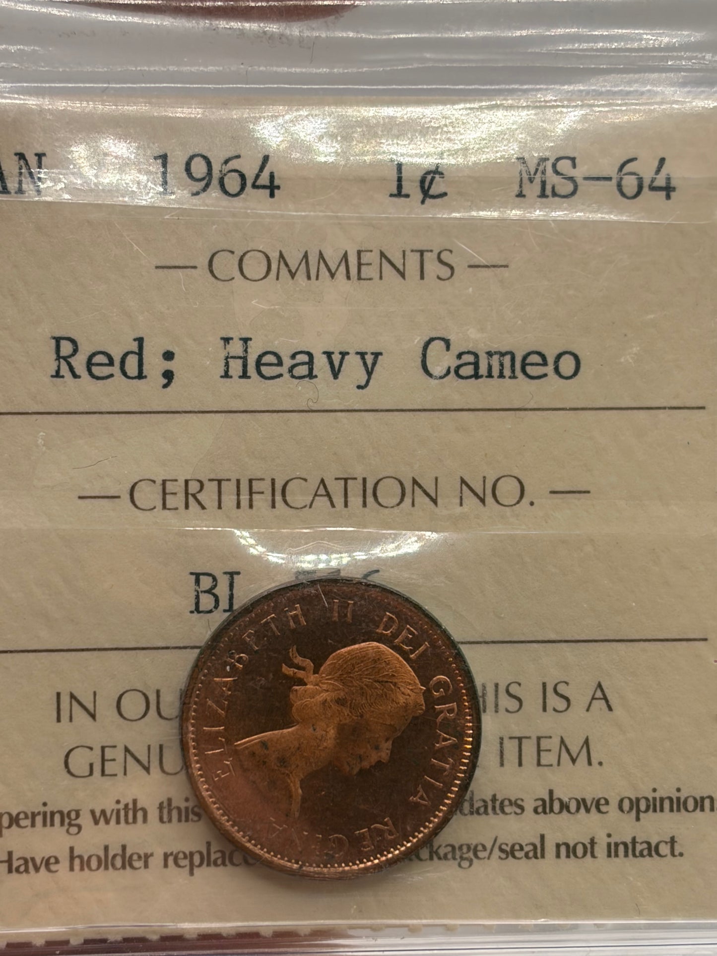 1964 Canada 1 Cent Penny | ICCS MS-64 Red Heavy Cameo | Scarce Heavy Cameo Bronze Cent