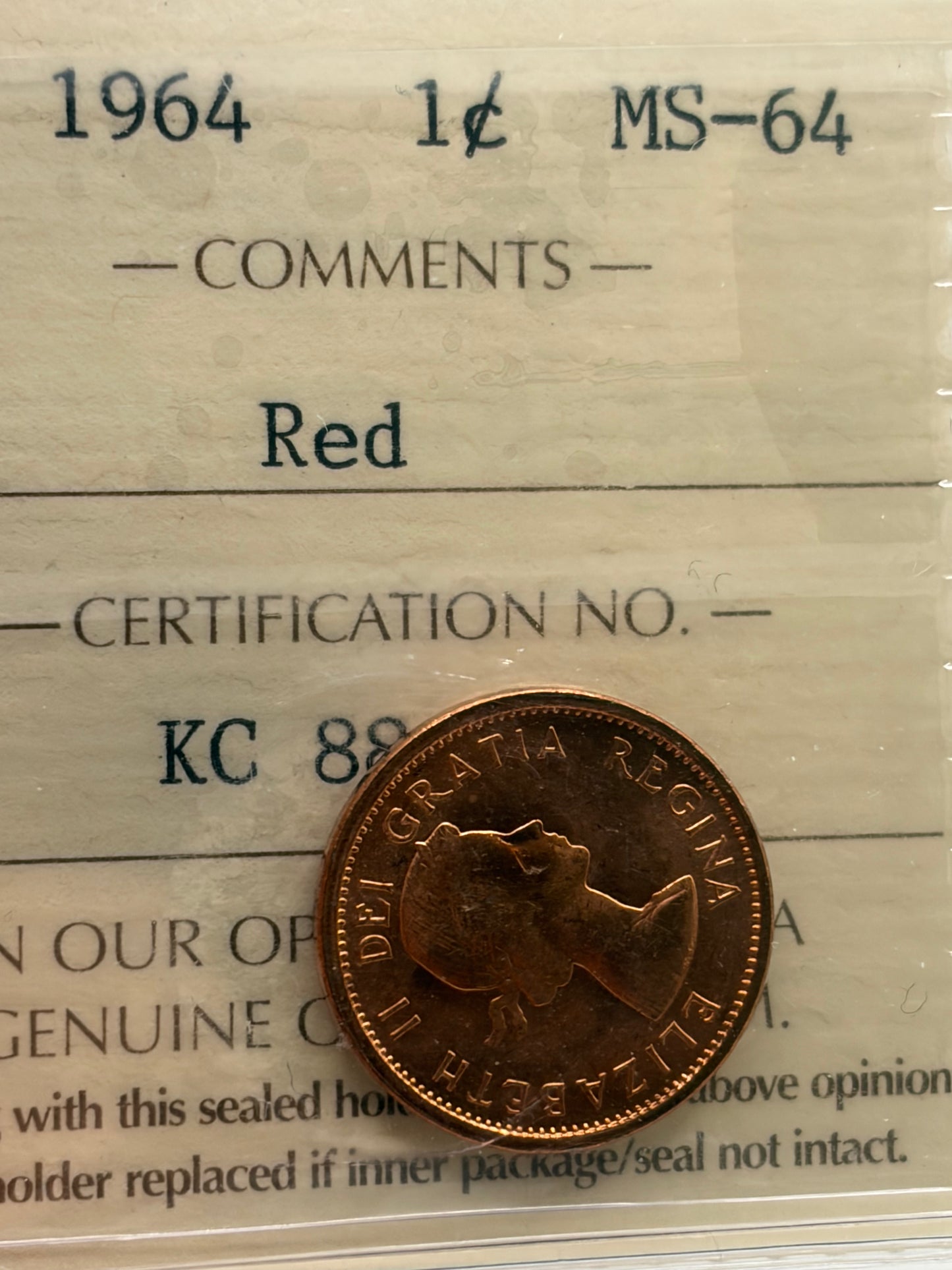 1964 Canada 1 Cent Penny | ICCS MS-64 Red | Brilliant Uncirculated Bronze Cent