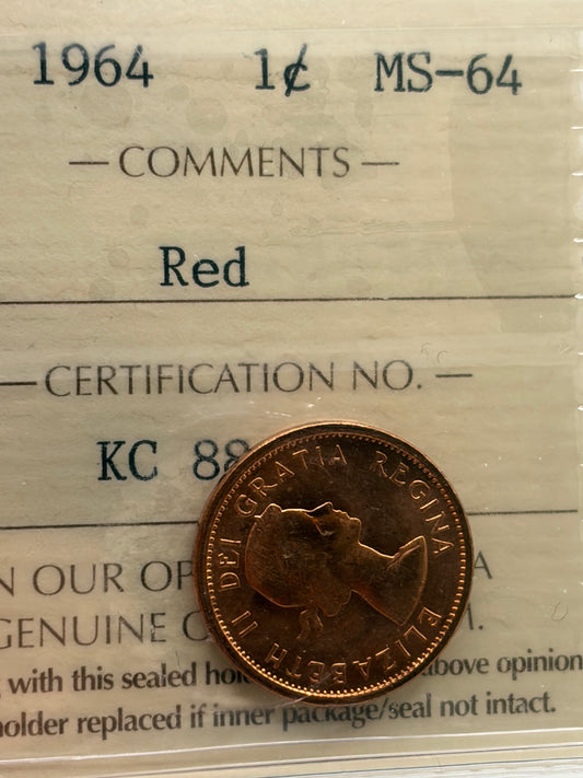 1964 Canada 1 Cent Penny | ICCS MS-64 Red | Brilliant Uncirculated Bronze Cent