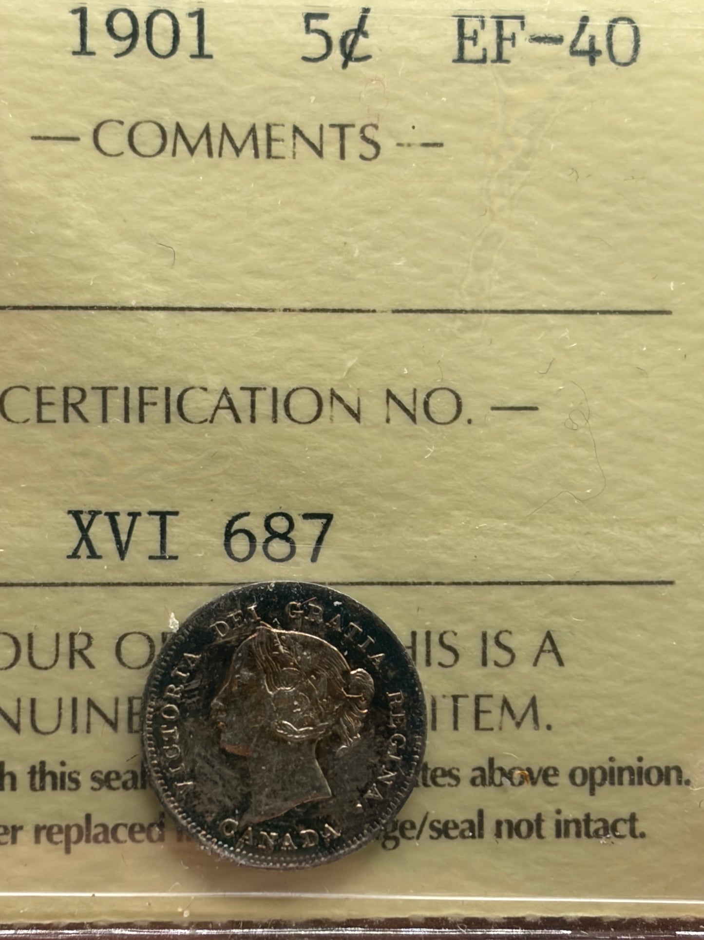 1901 Canada 5 Cents Silver | ICCS EF-40 | Queen Victoria Silver Five Cent Coin