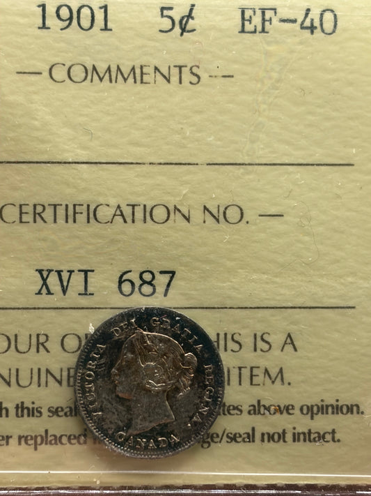 1901 Canada 5 Cents Silver | ICCS EF-40 | Queen Victoria Silver Five Cent Coin