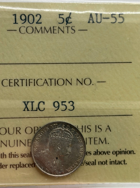 1902 Canada 5 Cents Silver | ICCS AU-55 | King Edward VII Silver Five Cent Coin
