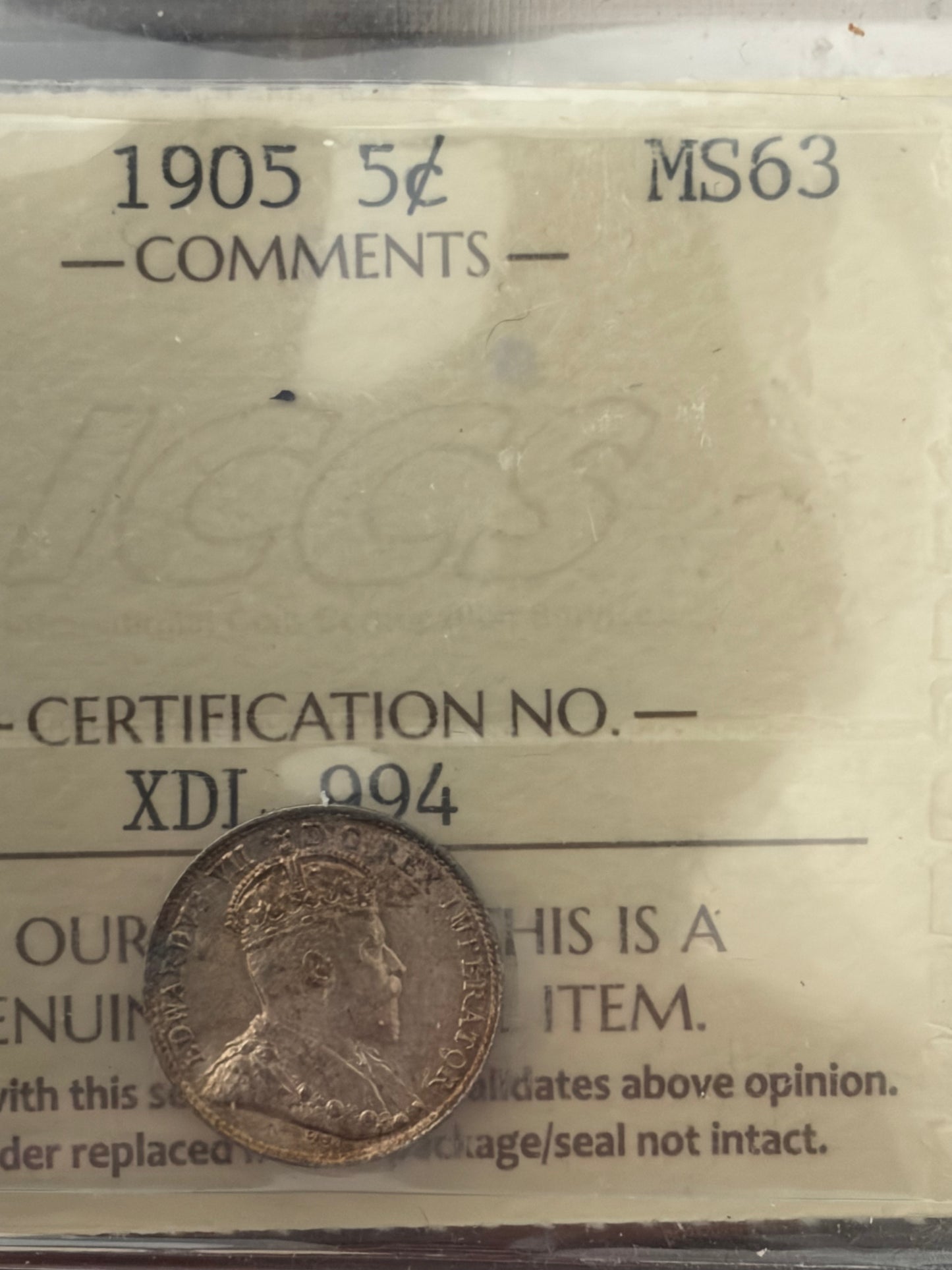 1905 Canada Narrow Date 5 Cents Silver | ICCS MS-63 | King Edward VII Mint State