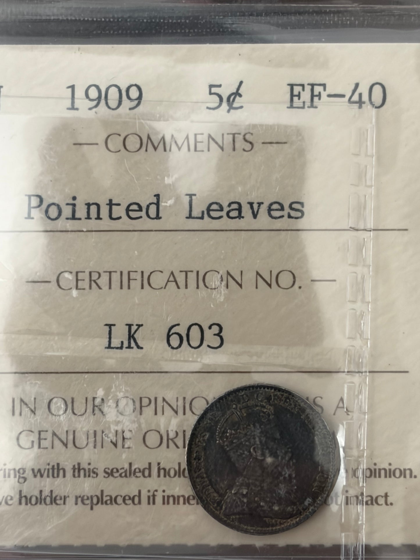 1909 Canada 5 Cents Pointed Leaves Silver | ICCS EF-40 | King Edward VII Variety