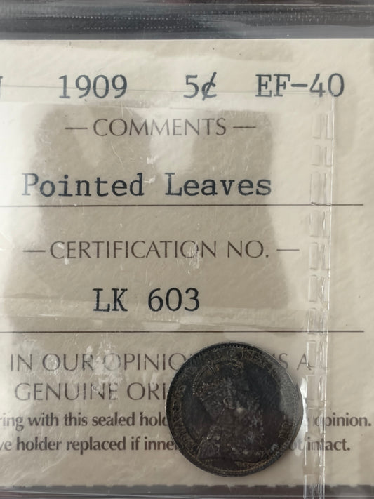 1909 Canada 5 Cents Pointed Leaves Silver | ICCS EF-40 | King Edward VII Variety