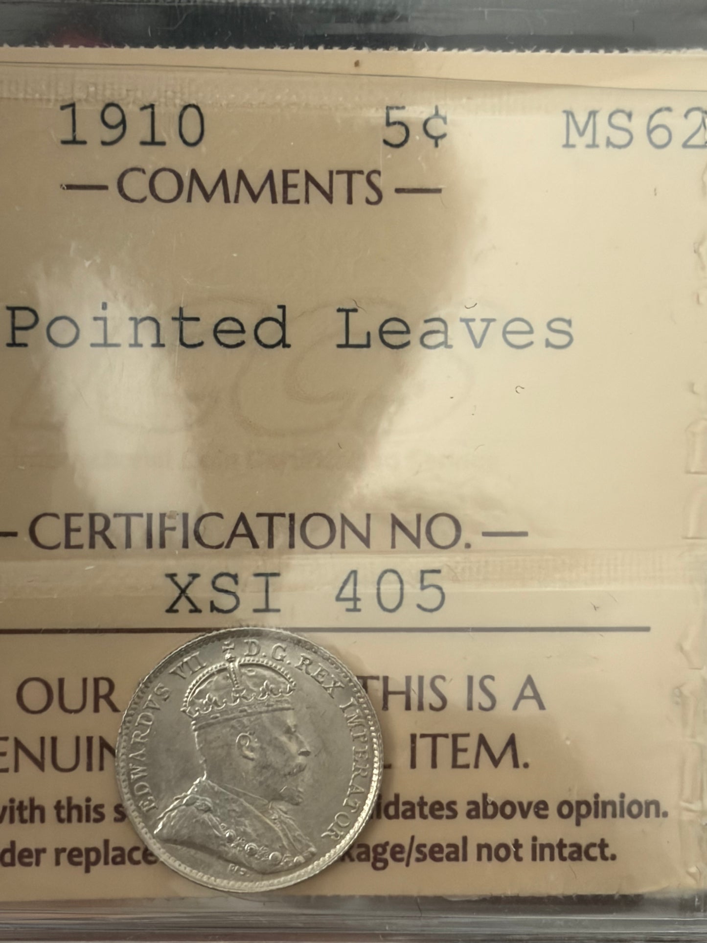 1910 Canada 5 Cents Pointed Leaves Silver | ICCS MS-62 | King Edward VII Variety