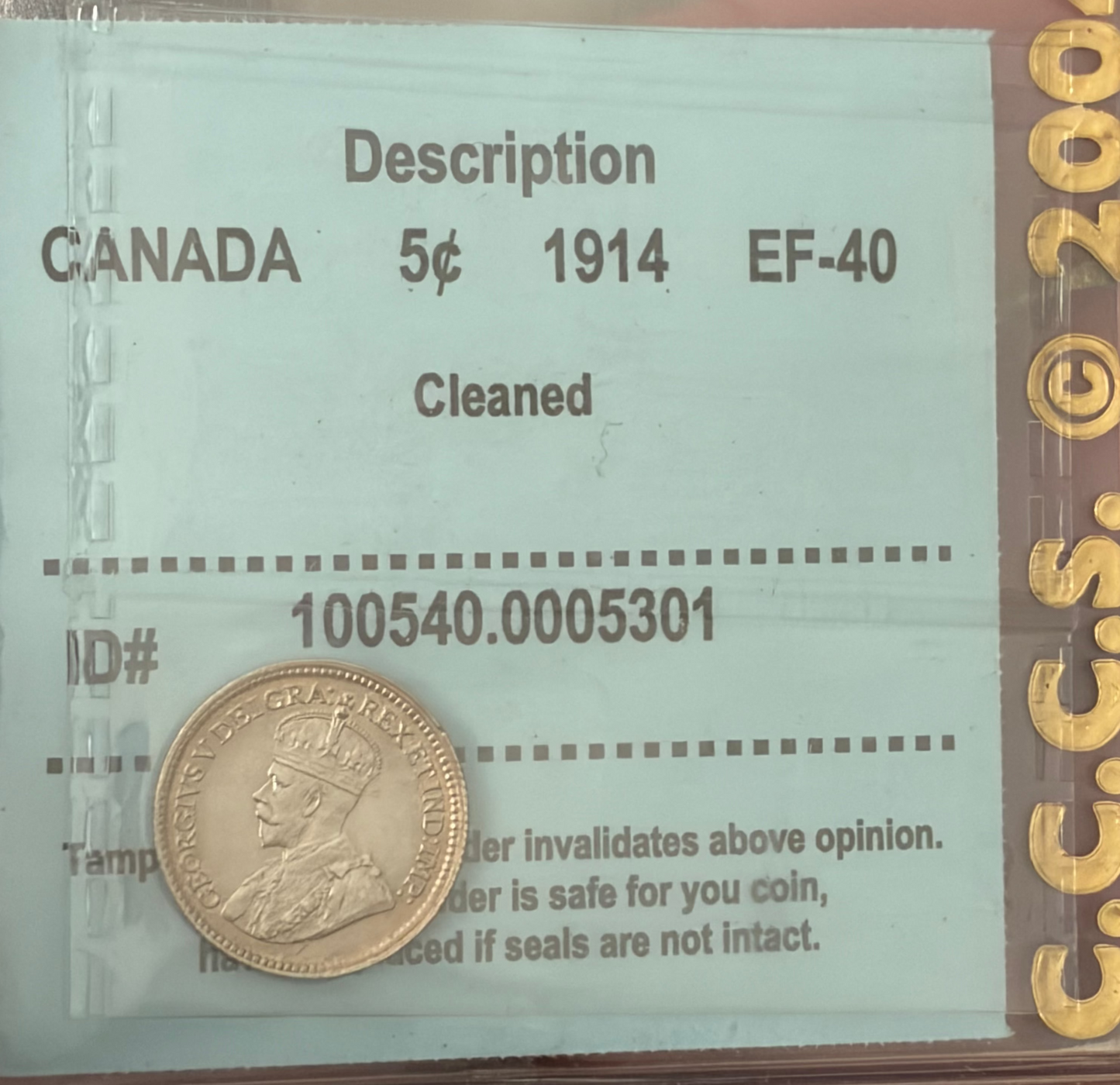 1914 Canada 5 Cents Silver | CCCS EF-40 Cleaned | King George V