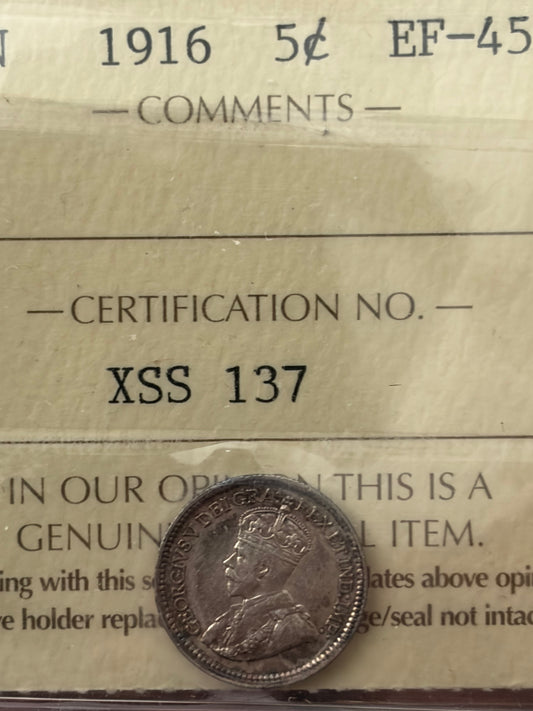 1916 Canada 5 Cents Silver | ICCS EF-45 | King George V