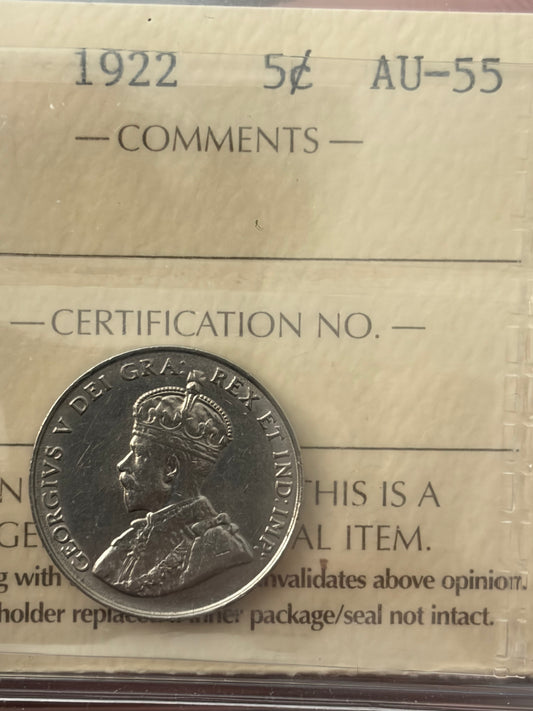 1922 Canada 5 Cents | ICCS AU-55 | King George V Nickel
