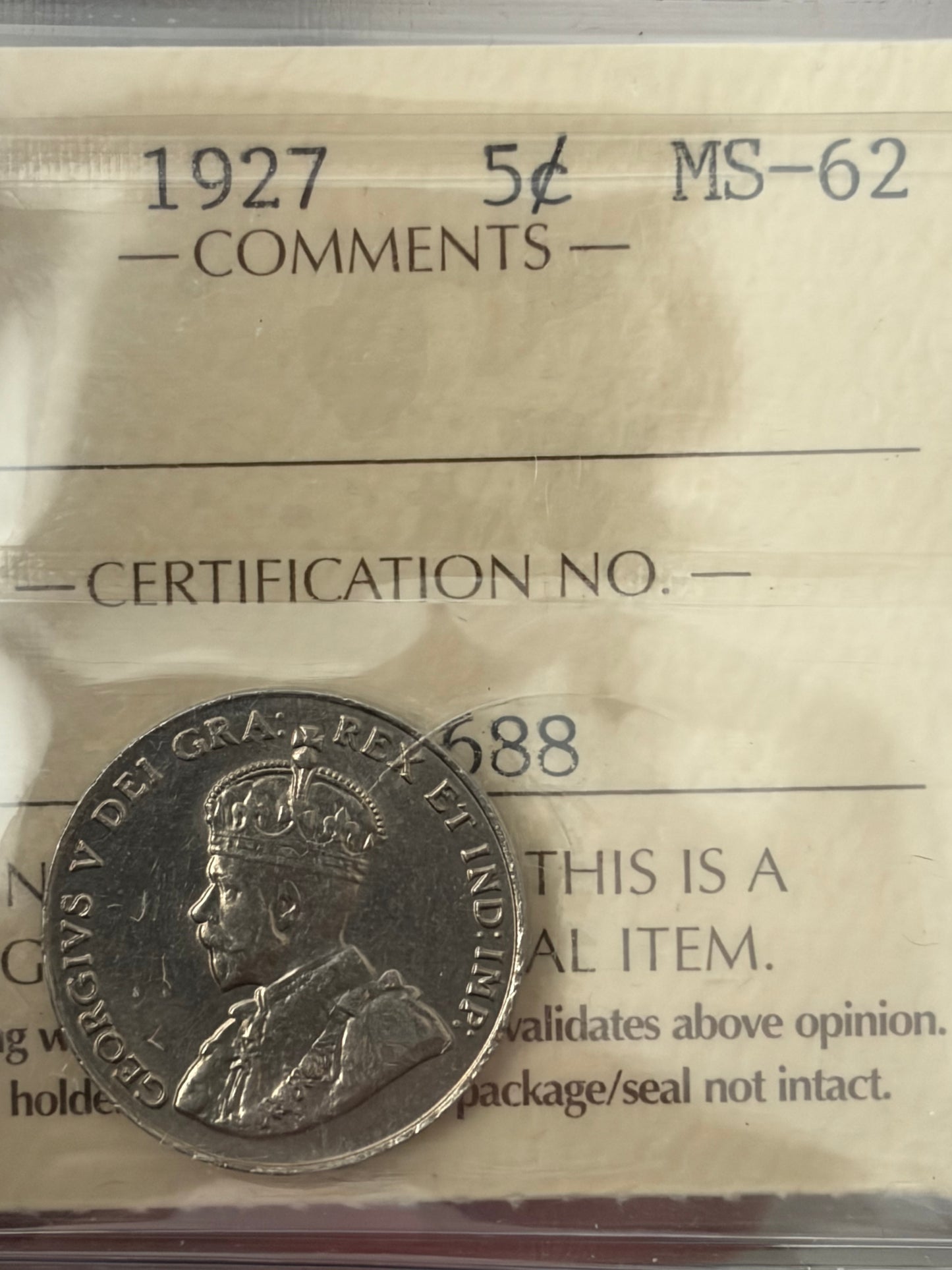 1927 Canada 5 Cents | ICCS MS-62 | King George V Nickel