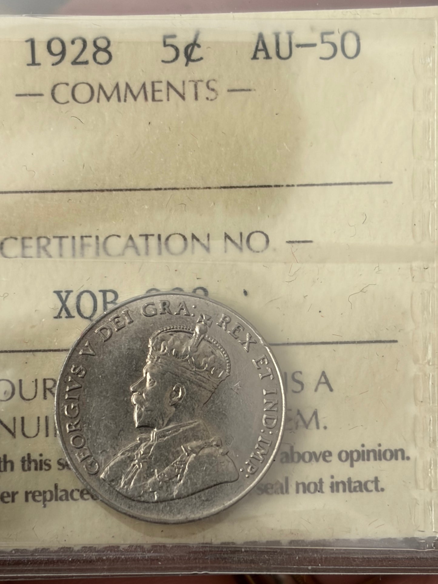 1928 Canada 5 Cents | ICCS AU-50  | George V Nickel