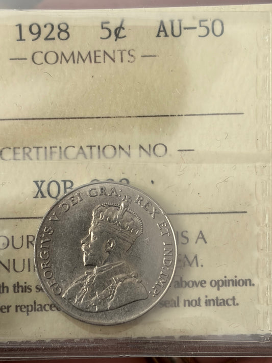 1928 Canada 5 Cents | ICCS AU-50  | George V Nickel
