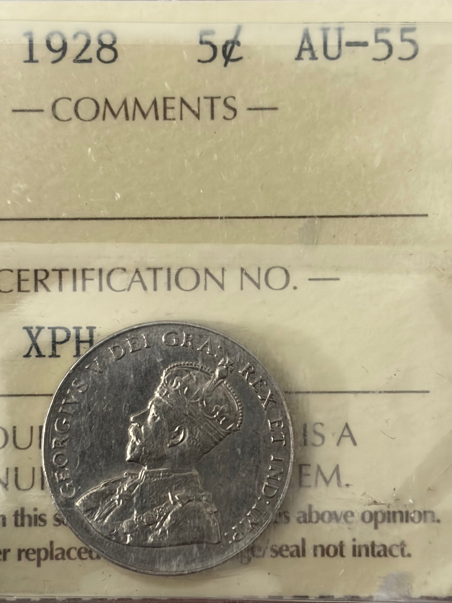 1928 Canada 5 Cents | ICCS AU-55  | King George V Nickel