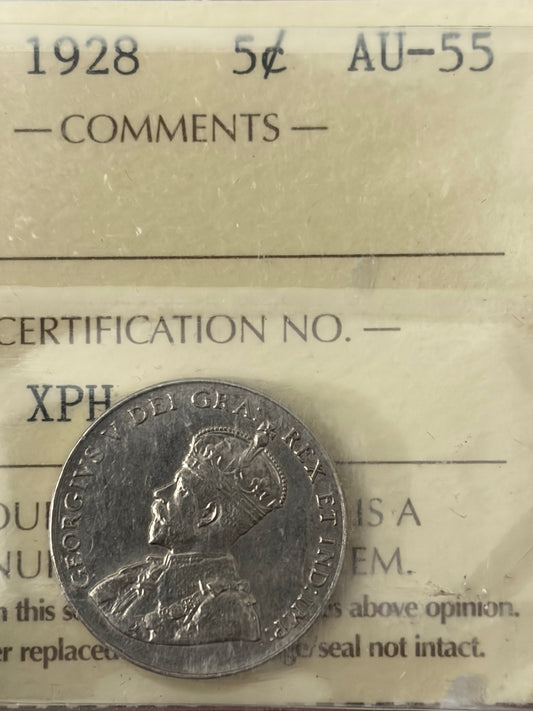 1928 Canada 5 Cents | ICCS AU-55  | King George V Nickel