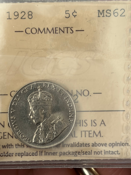 1928 Canada 5 Cents | ICCS MS-62 | King George V Nickel. Strong 8 Bead Strike!