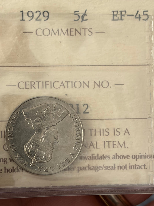 1929 Canada 5 Cents | ICCS EF-45 | King George V Nickel