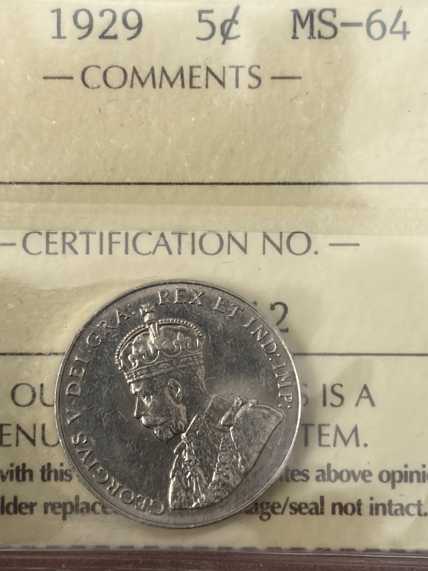 1929 Canada 5 Cents | ICCS MS-64 | King George V Nickel | String 8 Bead Strike!