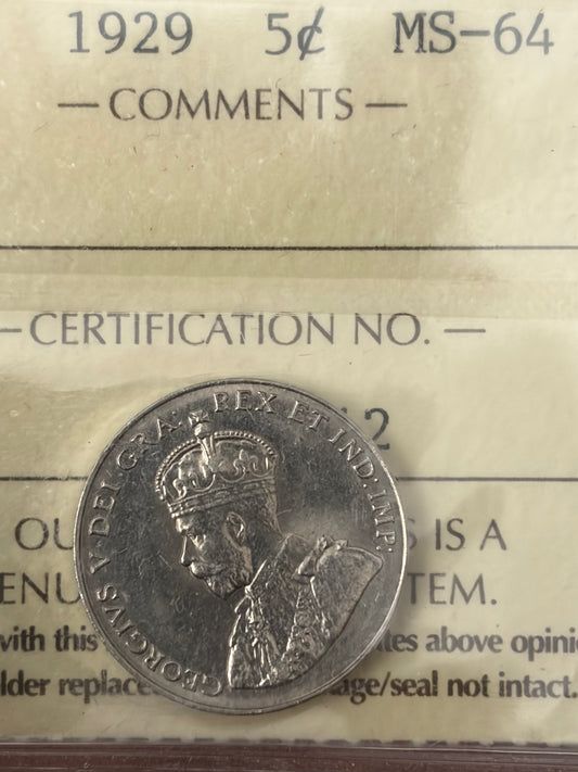 1929 Canada 5 Cents | ICCS MS-64 | King George V Nickel | String 8 Bead Strike!