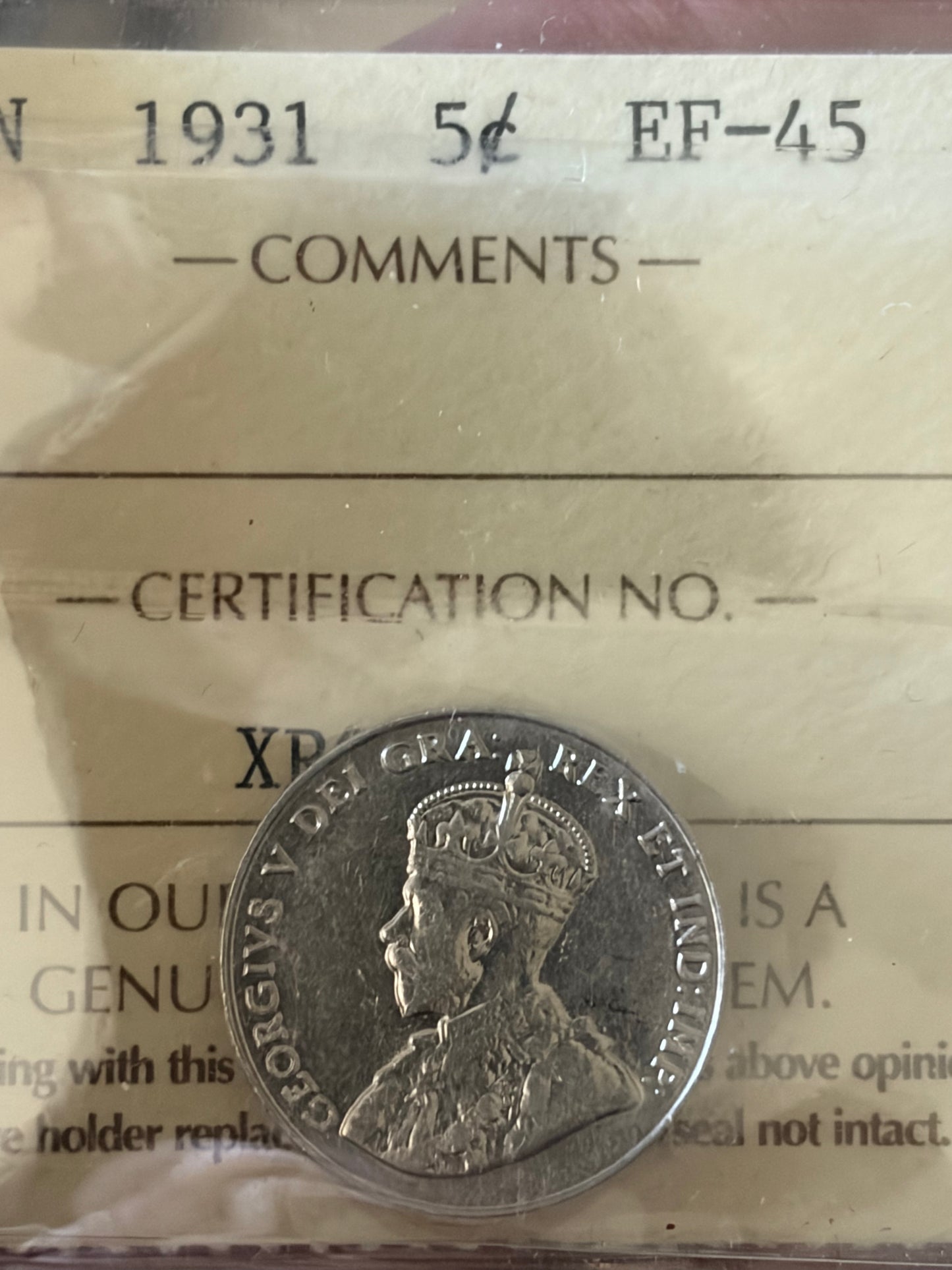 1931 Canada 5 Cents | ICCS EF-45 | King George V Nickel