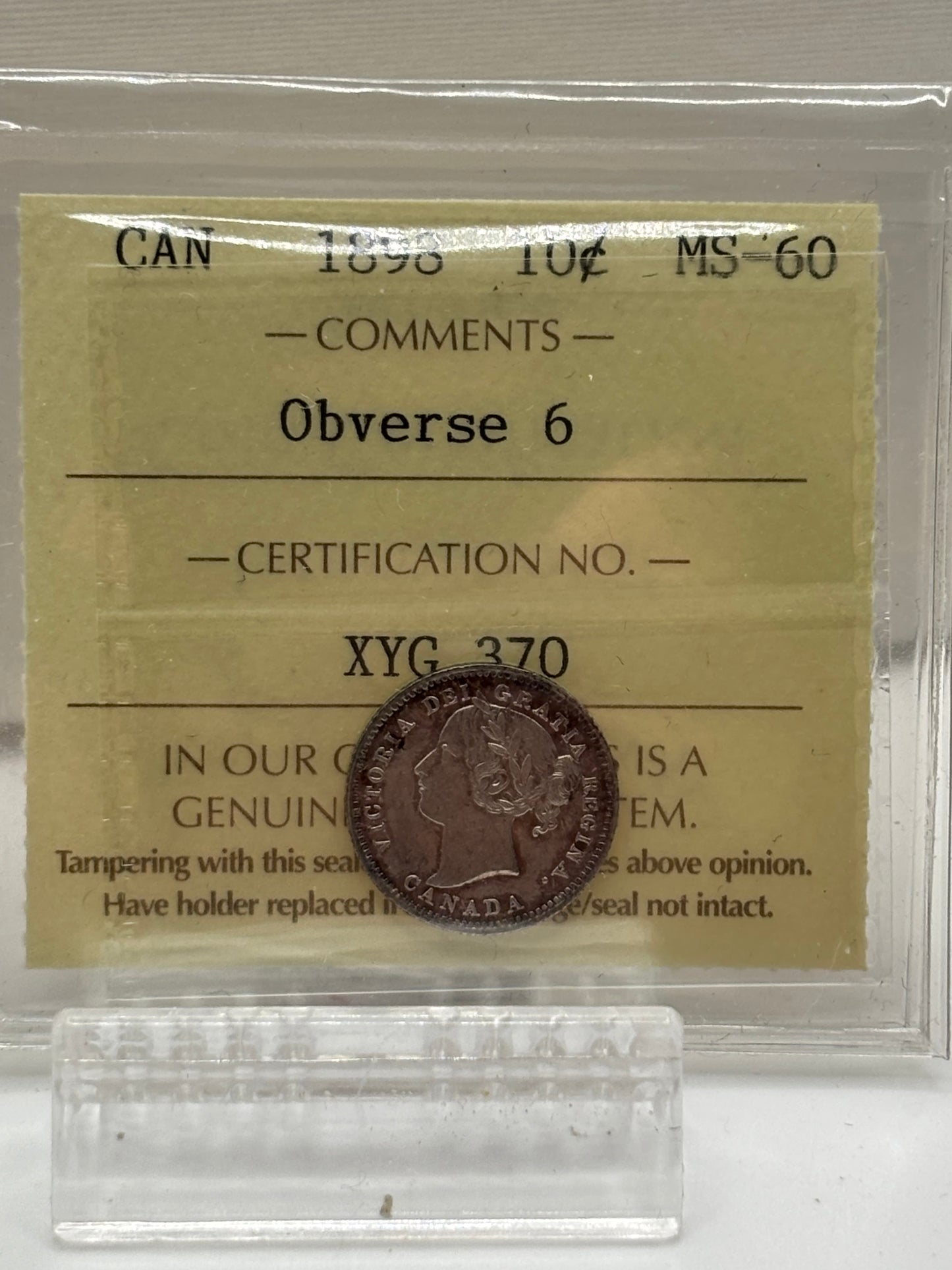 1898 Canada 10 Cents Obv 6 ICCS Graded MS-60