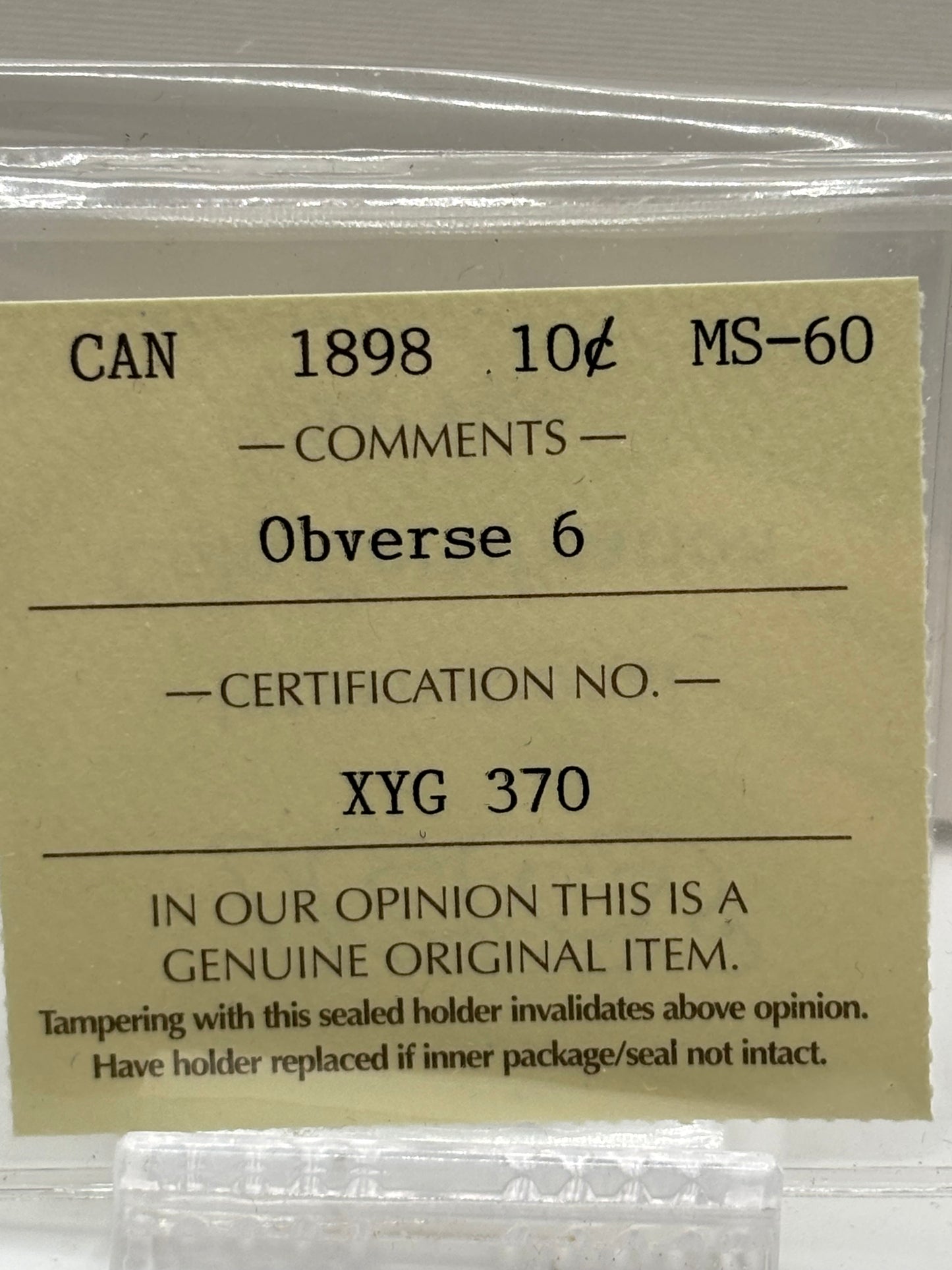 1898 Canada 10 Cents Obv 6 ICCS Graded MS-60