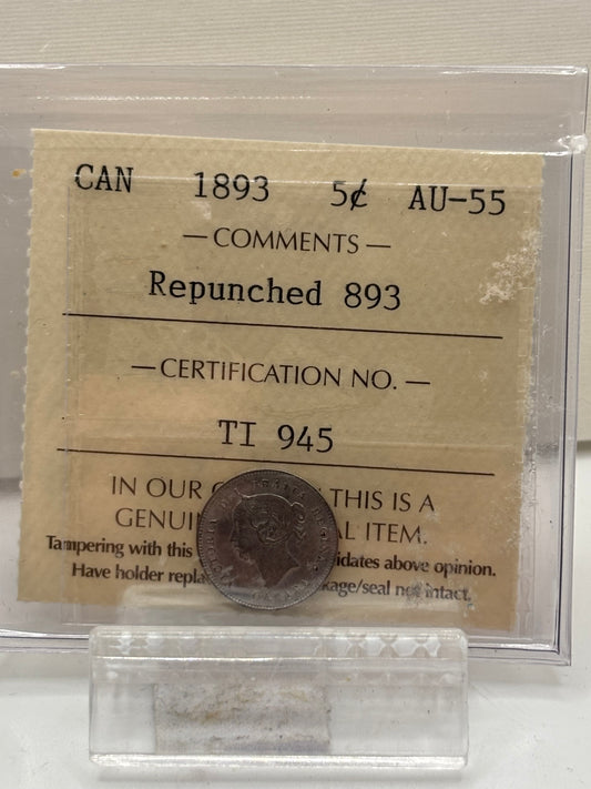 1893 Canada 5 Cents Repunched 893 ICCS graded AU-55