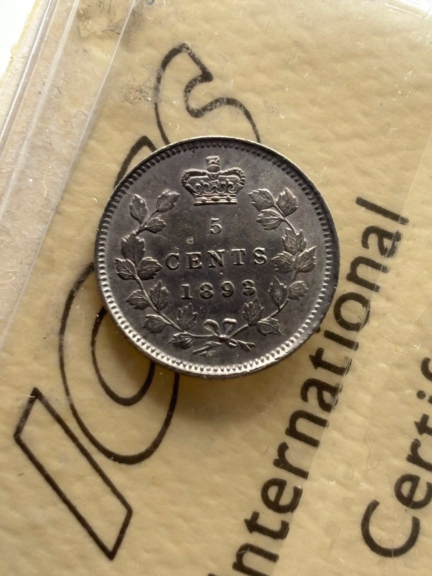 1893 Canada 5 Cents Repunched 893 ICCS graded AU-55