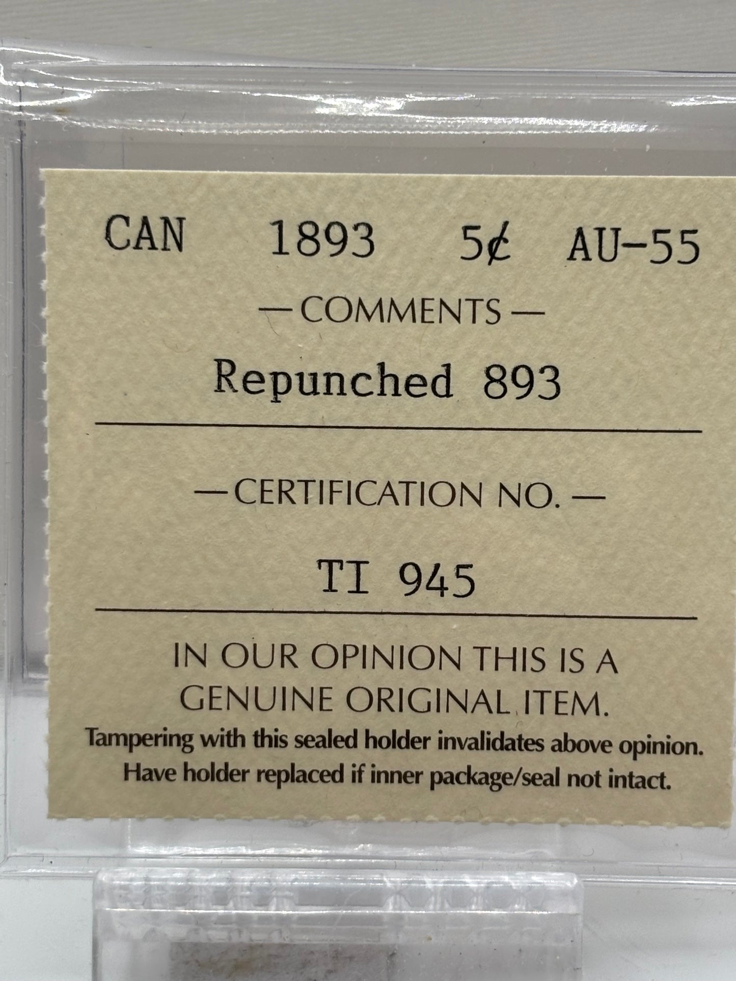1893 Canada 5 Cents Repunched 893 ICCS graded AU-55