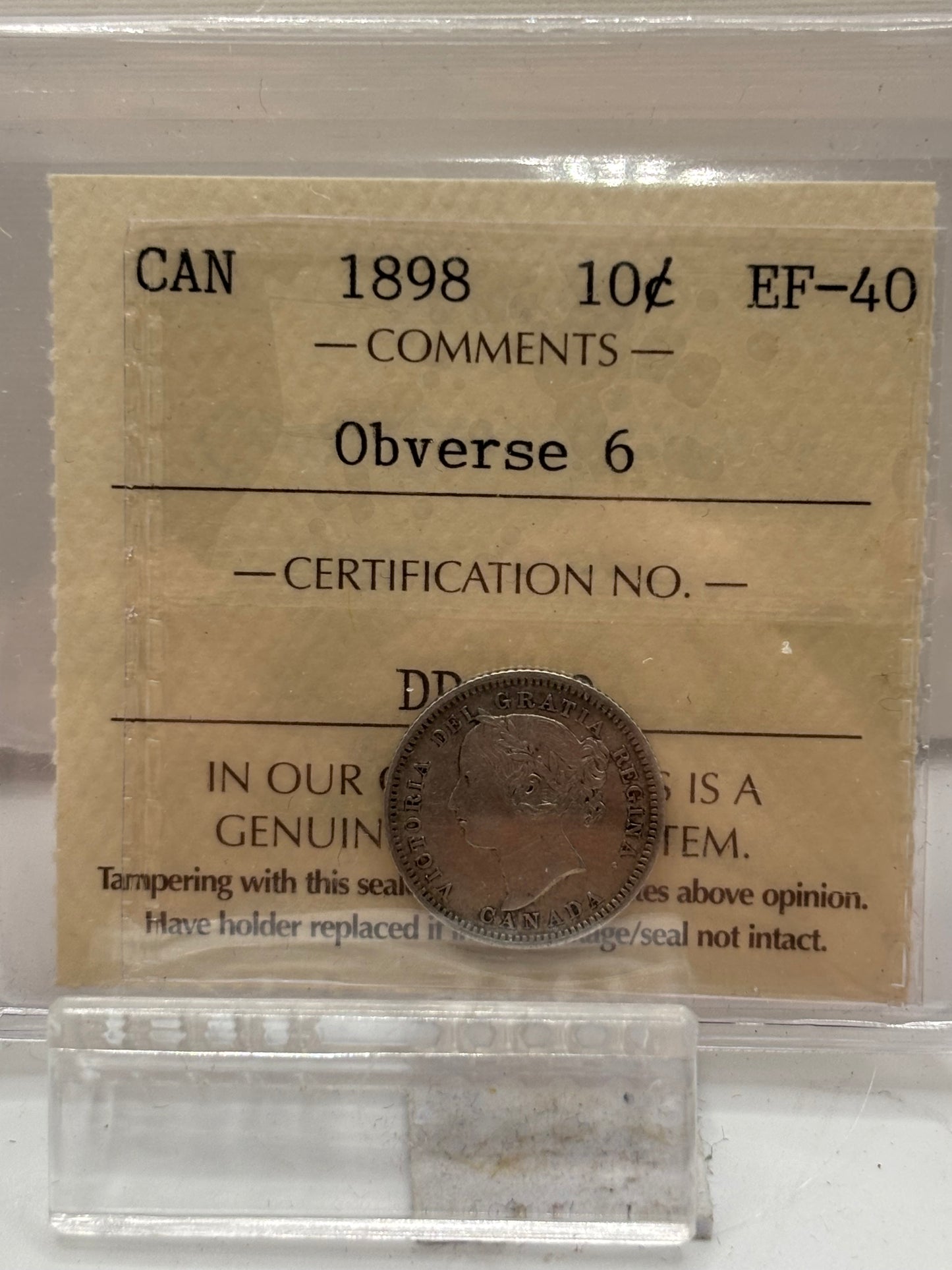 1898 Canada 10 Cents Obv 6 ICCS Graded EF-40