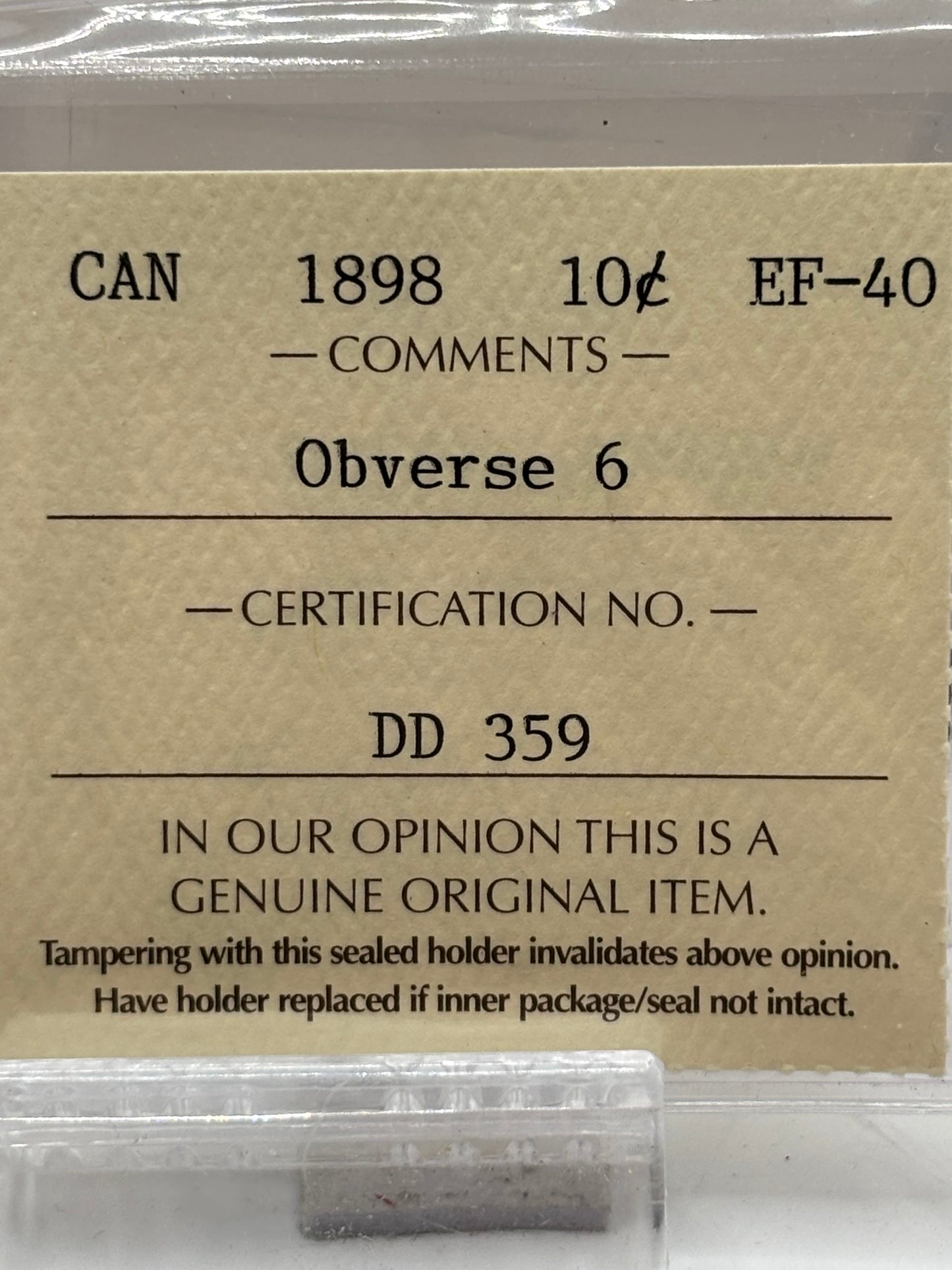 1898 Canada 10 Cents Obv 6 ICCS Graded EF-40