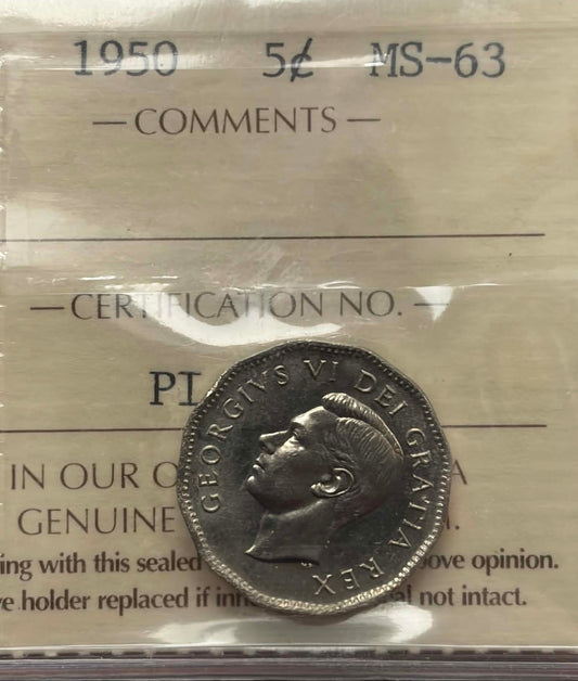 1950 Canadian 5 Cent — obverse showing George VI DEI GRATIA REX legend in ICCS holder