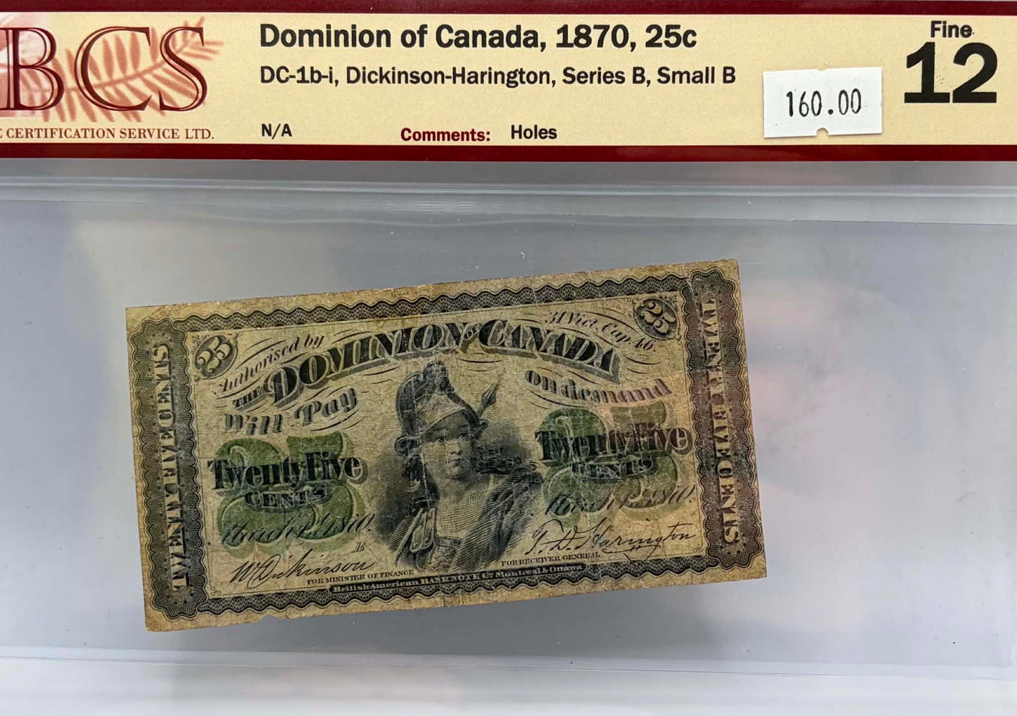 1870 Dominion of Canada 25 Cents DC-1b-i Dickinson-Harington BCS Fine 12 - Obverse