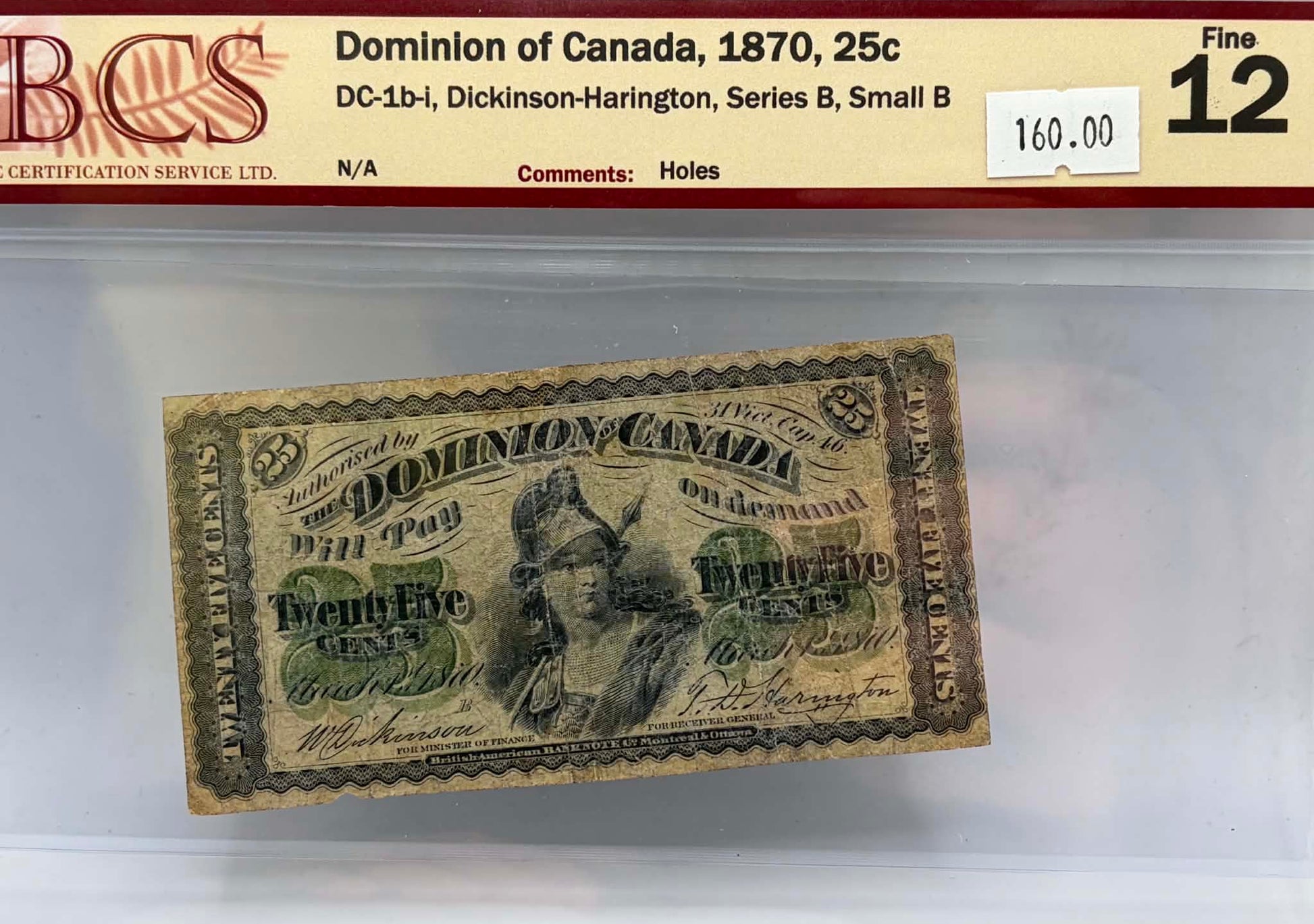 1870 Dominion of Canada 25 Cents DC-1b-i Dickinson-Harington BCS Fine 12 - Obverse