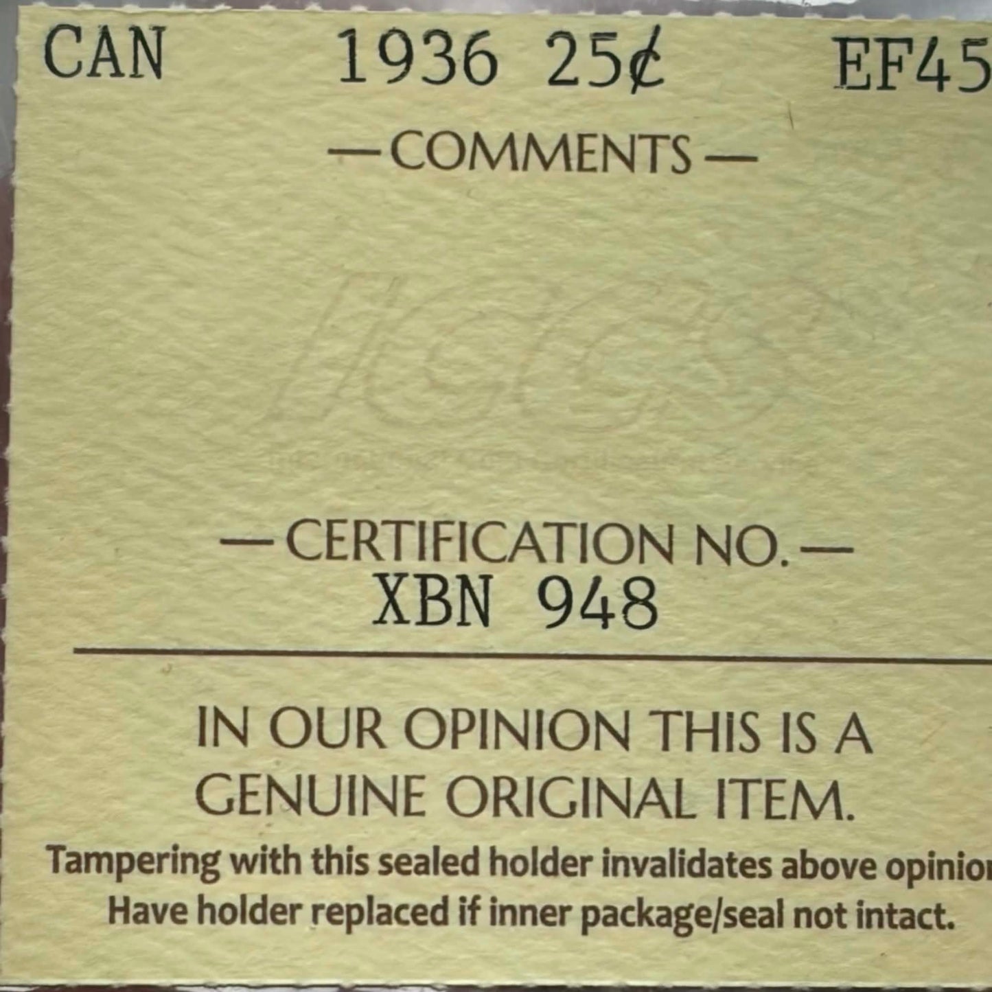 ICCS certification label — 1936 Canadian 25 Cents EF-45, Cert No. XBN 948