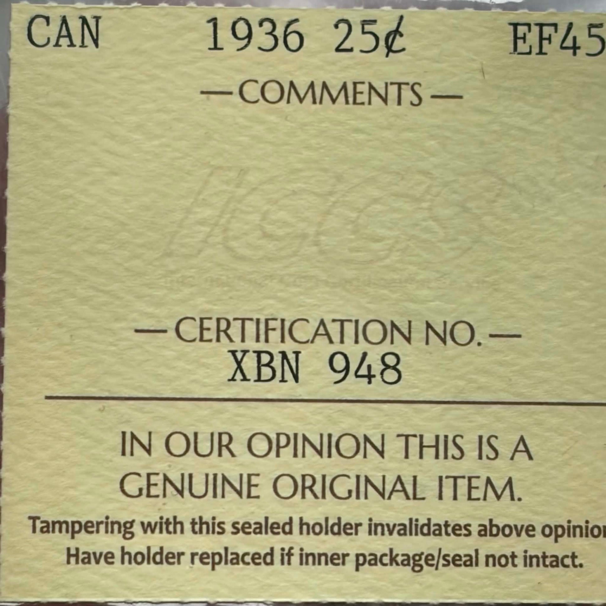 ICCS certification label — 1936 Canadian 25 Cents EF-45, Cert No. XBN 948