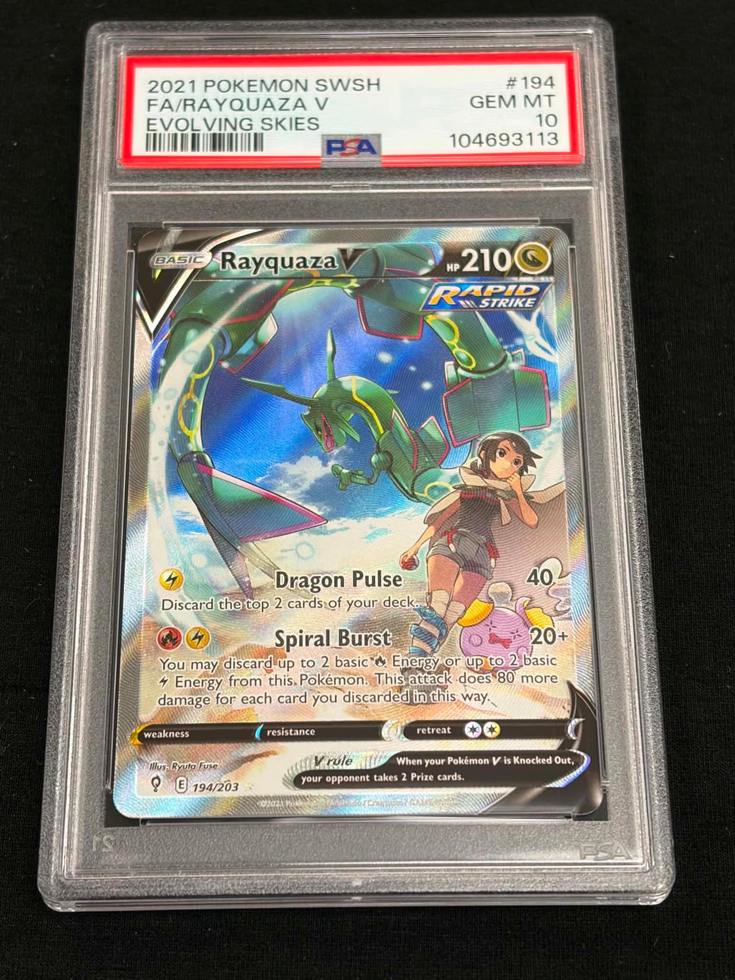 2021 Pokémon SWSH Evolving Skies Rayquaza V Full Art #194/203 PSA 10 GEM MT — Front