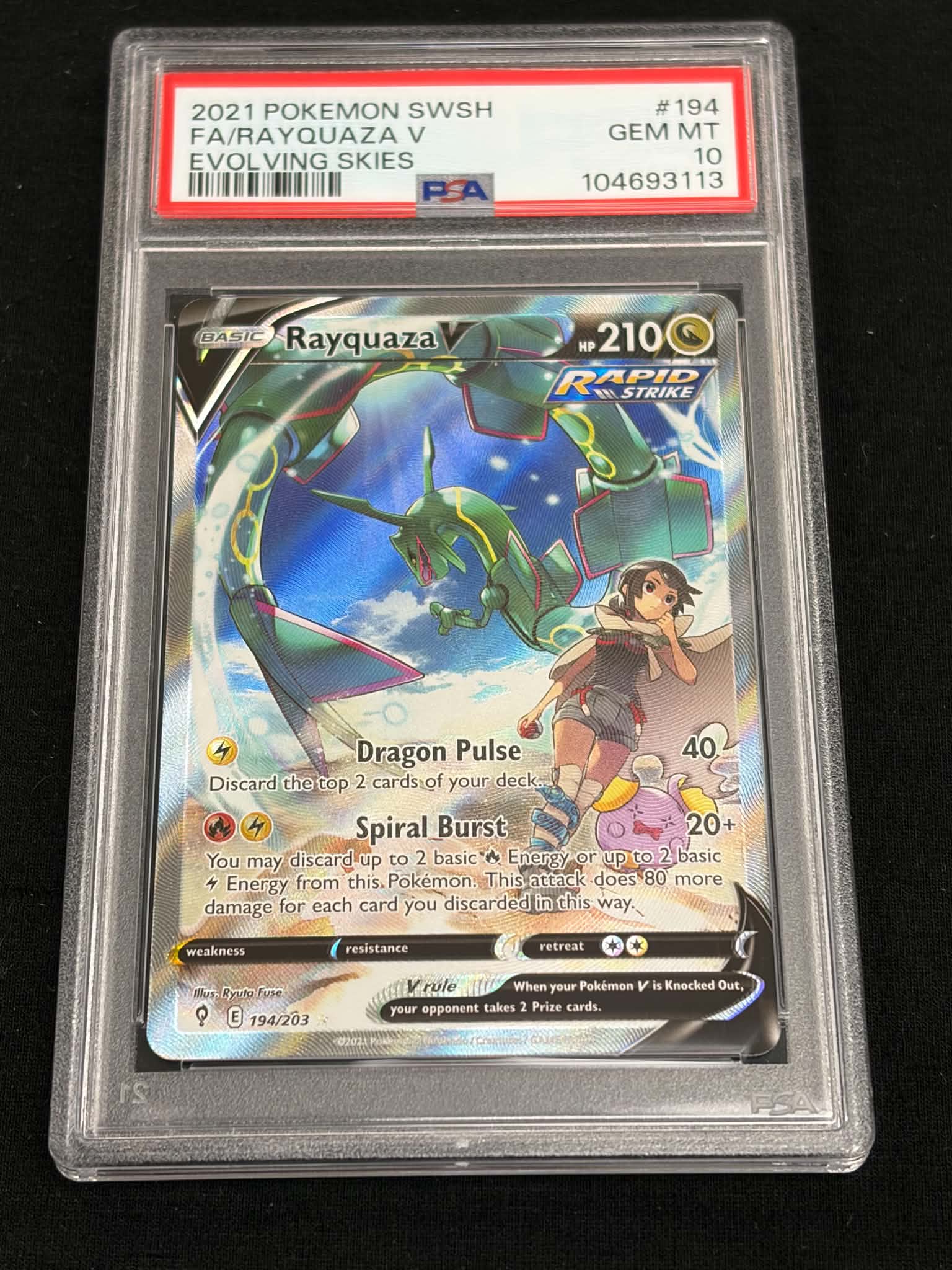 2021 Pokémon SWSH Evolving Skies Rayquaza V Full Art #194/203 PSA 10 GEM MT — Front