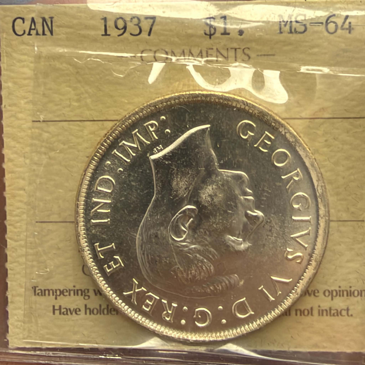 ICCS label for 1937 Canadian dollar MS-64, certification XLD 758