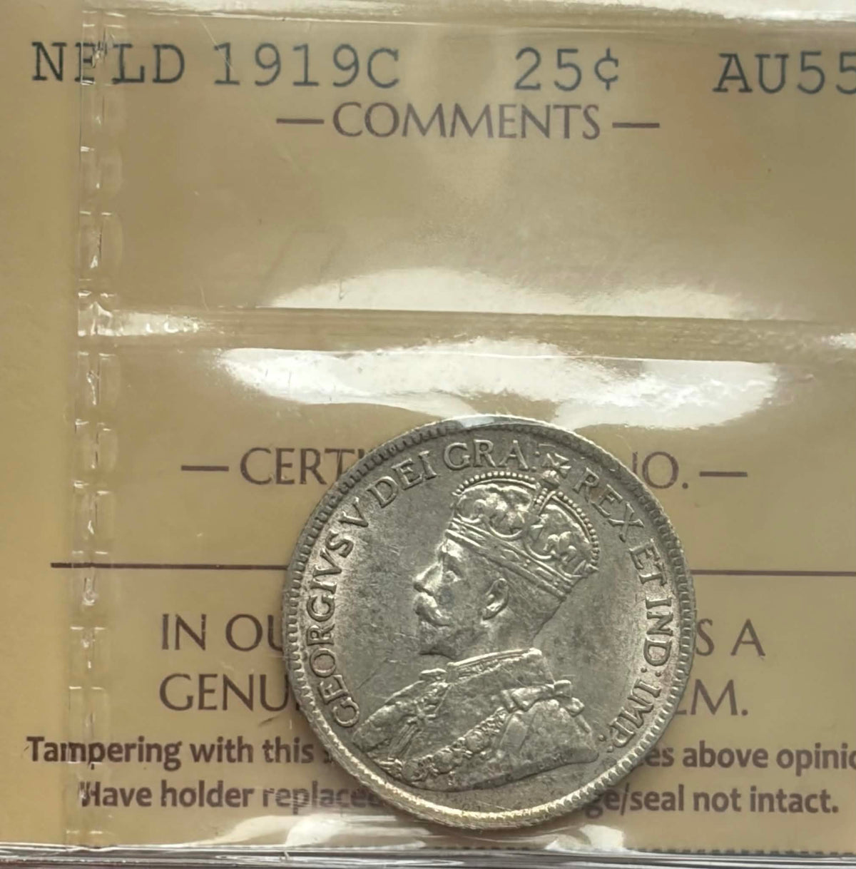 1919C Newfoundland 25 Cents — obverse showing George V portrait in ICCS holder
