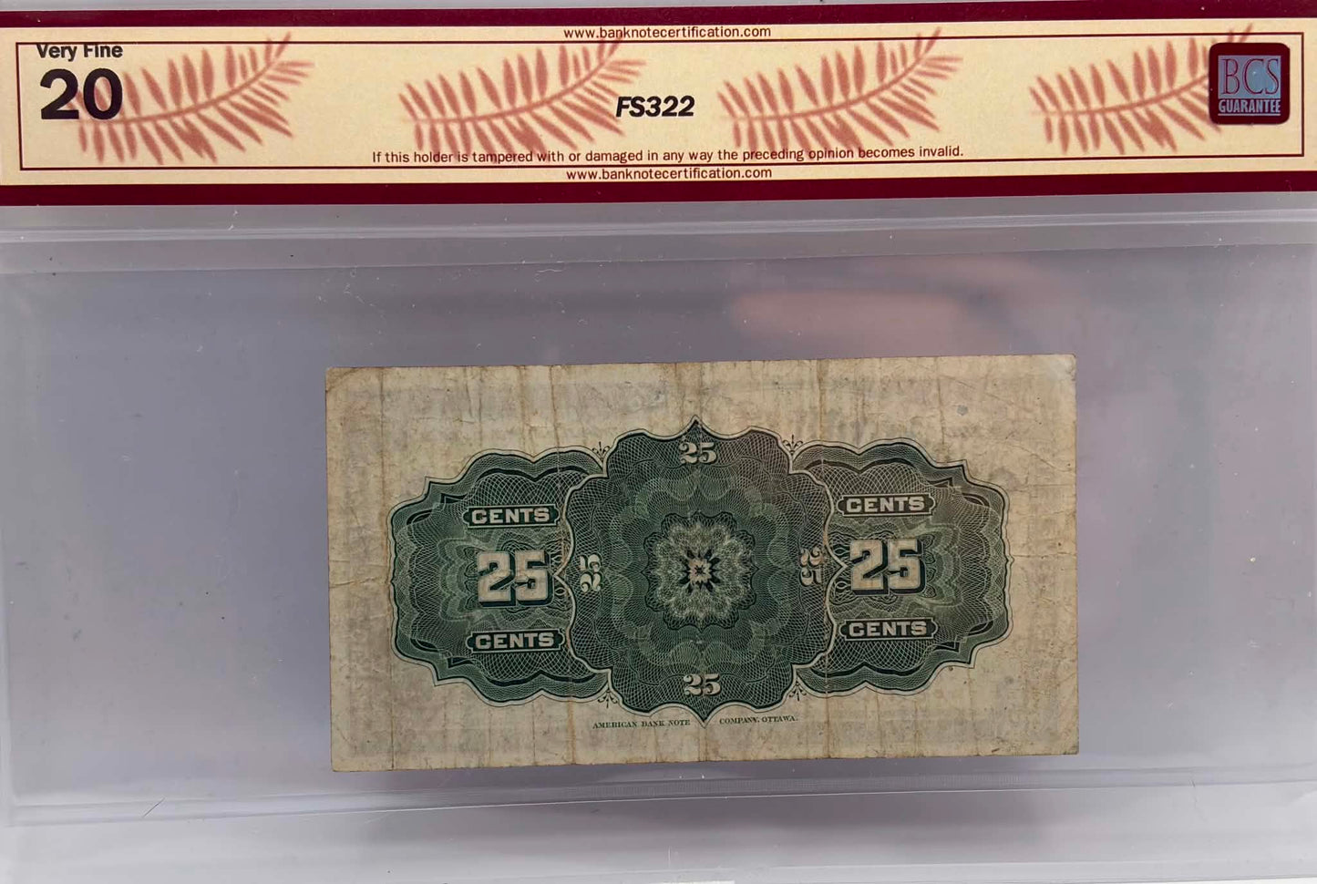 1900 Dominion of Canada 25 Cents Banknote DC-15b Boville BCS VF-20 - Reverse