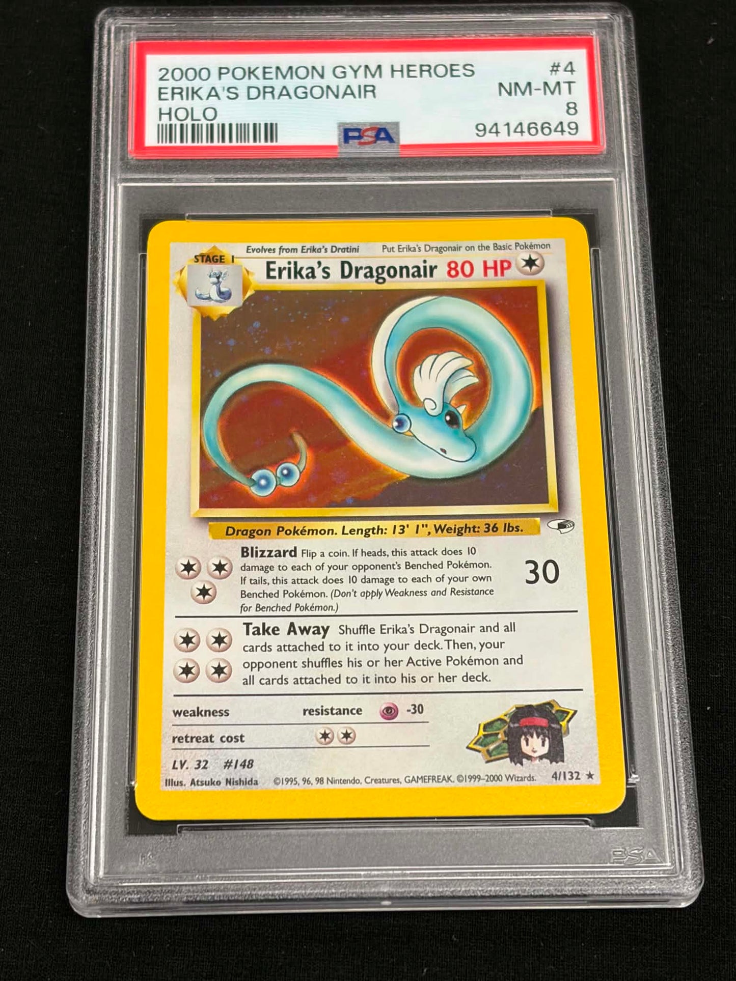 2000 Pokémon Gym Heroes Erika's Dragonair Holo #4/132 PSA 8 NM-MT — Back (PSA Slab)