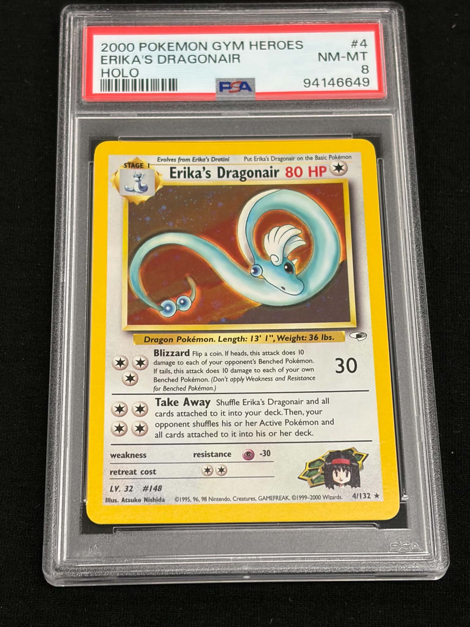 2000 Pokémon Gym Heroes Erika's Dragonair Holo #4/132 PSA 8 NM-MT — Back (PSA Slab)