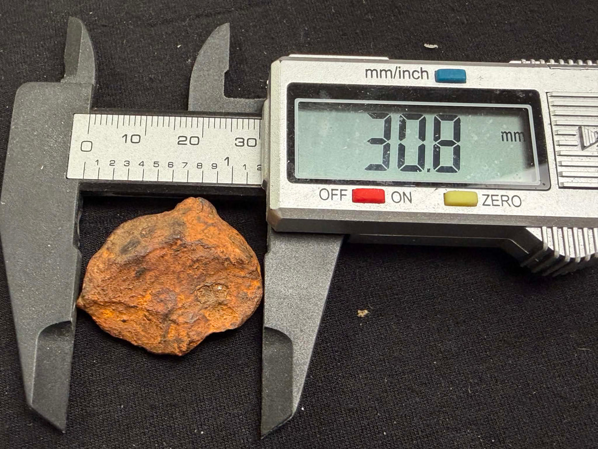 Whitecourt meteorite 28.356g — side profile showing thin twisted edge, held in hand