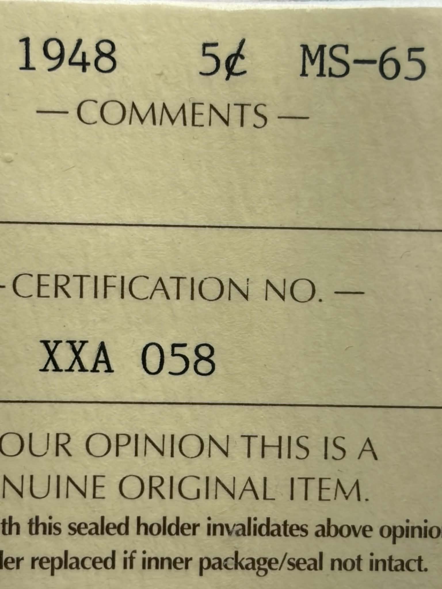 ICCS certification label for 1948 Canadian 5 Cent MS-65 — Cert No. XXA 058