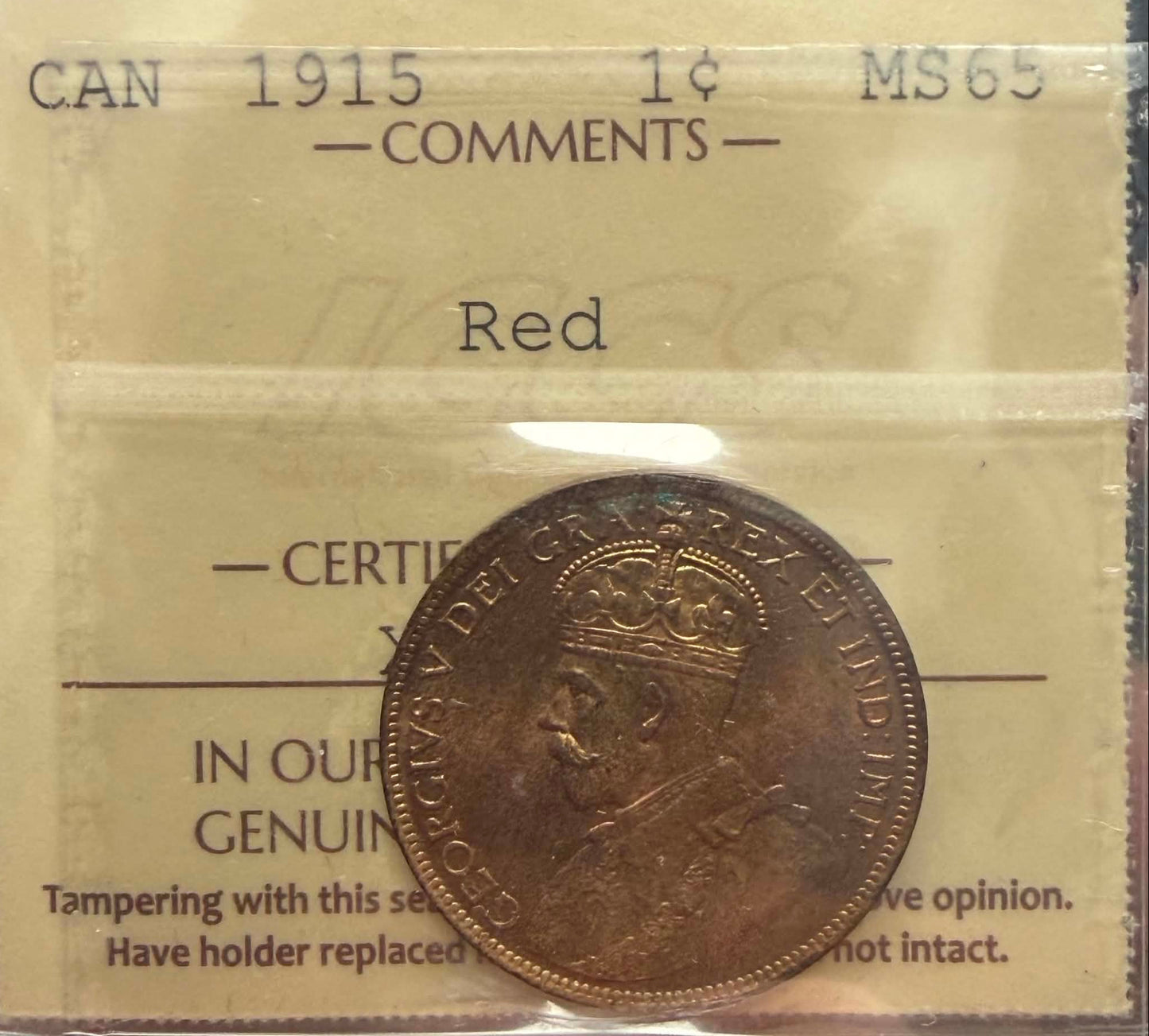 1915 Canadian 1 Cent — obverse showing George V crowned portrait, ICCS MS-65 Red