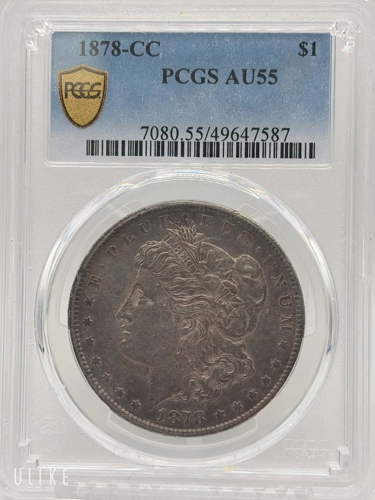 PCGS label — 1878-CC Morgan Dollar AU-55, Cert No. 49647587