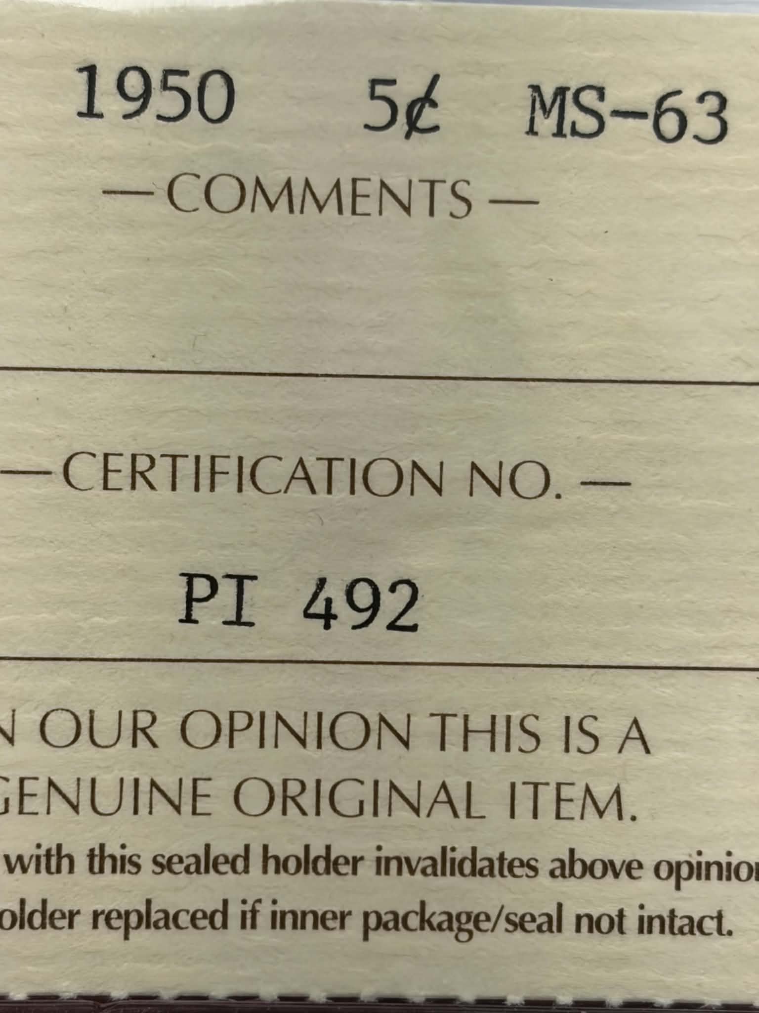 ICCS certification label for 1950 Canadian 5 Cent MS-63 — Cert No. PI 492