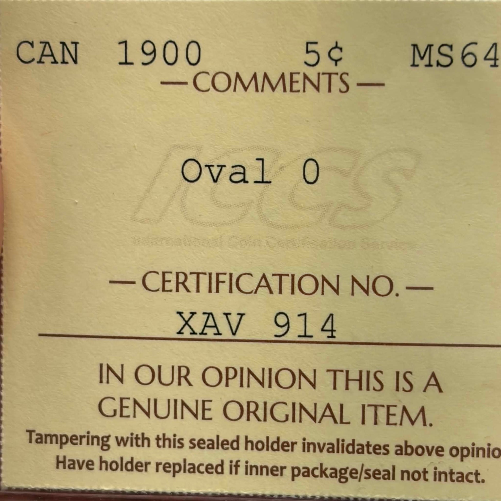 ICCS certification label reverse — 1900 Canadian 5 Cents MS-64 Oval 0, Cert No. XAV 914