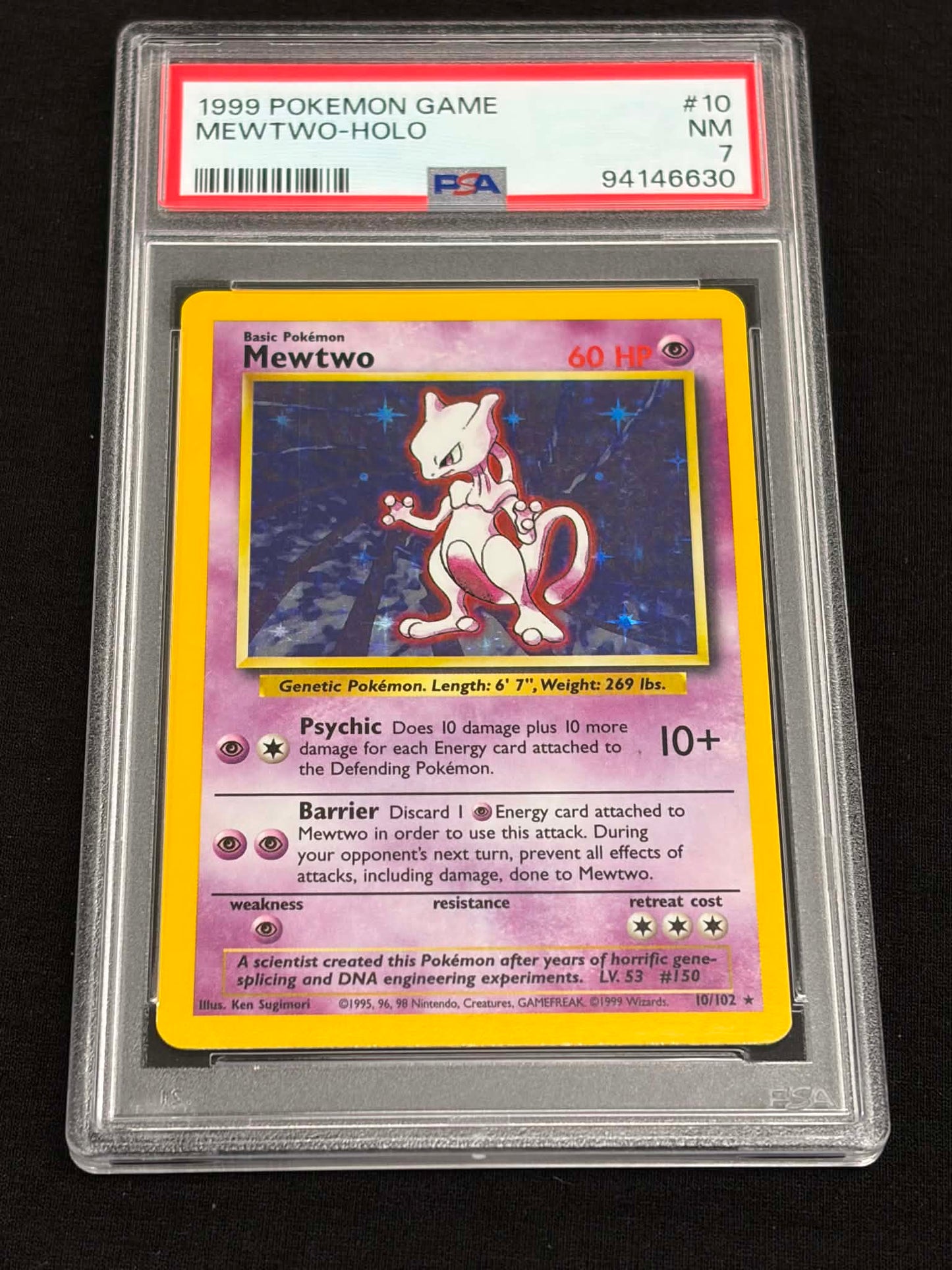 1999 Pokémon Base Set Mewtwo Holo #10/102 PSA 7 NM — Front